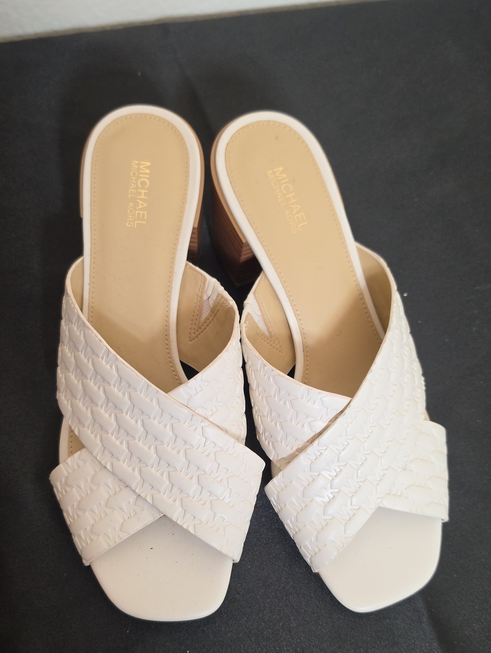 Michael Kors White Woven Crisscross Slide Mules